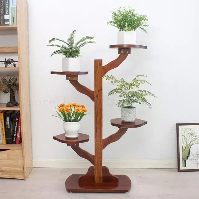 Tree-Style Wooden Plant Stand
