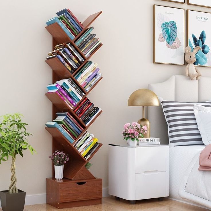 Wooden Tree Style Bookshelf with Drawer