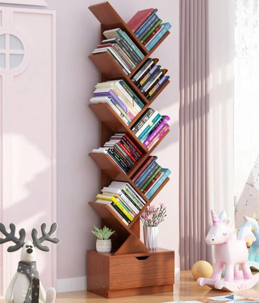 Wooden Tree Style Bookshelf with Drawer